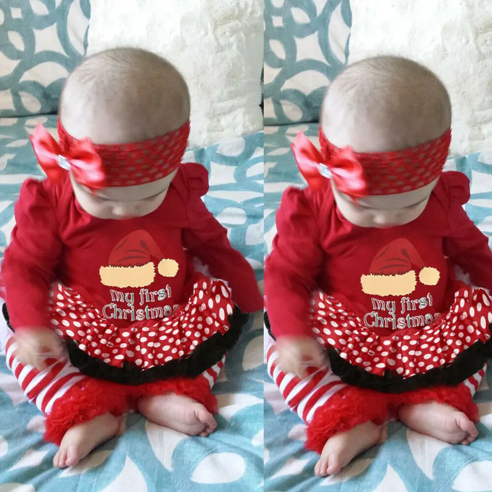 Pudcoco Одежда для новорожденных девочек My 1st Рождество печати рюшами комбинезон повязка на голову 2 шт. наряды одежда Рождественский комплект