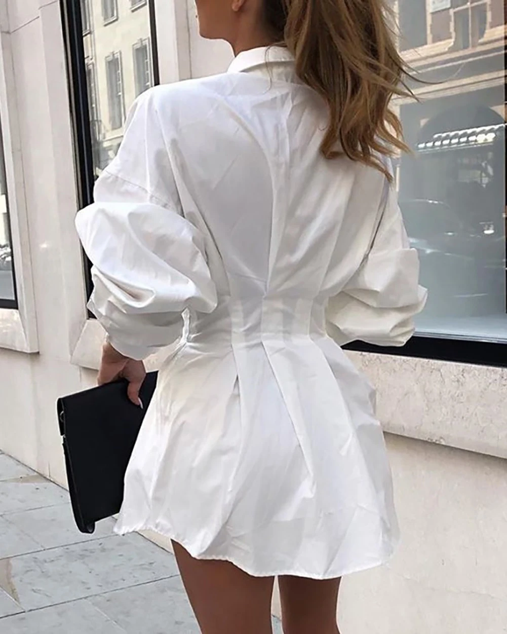 

2021 New High Street Womens Shirts Dress Long Lantern Sleeve V-Neck Mini Dress Office Lady Autumn Defined Waist Pleated Dress