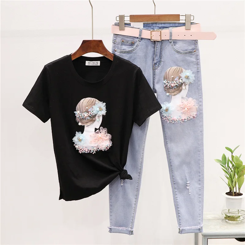 Летняя модная женская футболка с принтом и бисером потертые джинсовые штаны