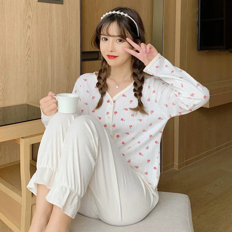 Women's pajamas pure cotton cardigan long-sleeved princess wind small floral home service suit spring and autumn пижама женская