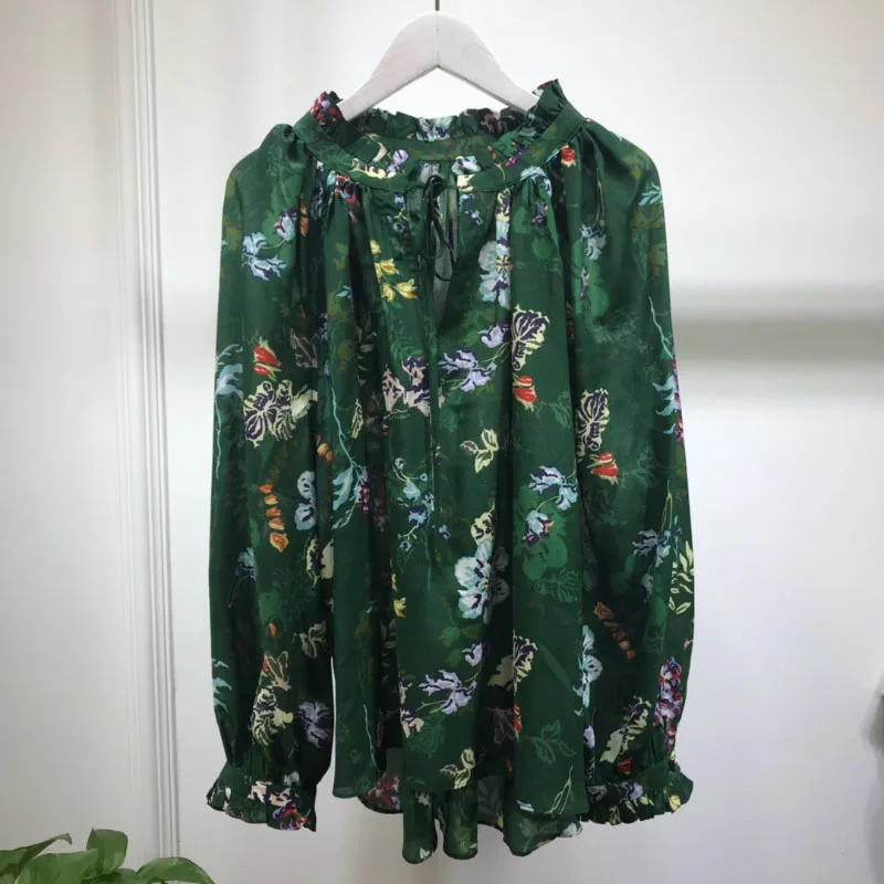 Зеленая Цветочная печать терезея сезон Туника шелковая с v-образным вырезом