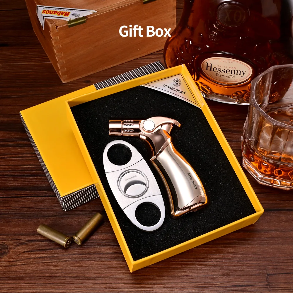 

CIGARLOONG Windproof 4 Torch Jet Flame Butane Gas Metal Cigar Lighter with Cigar Cutter Gift Set CL-TZ