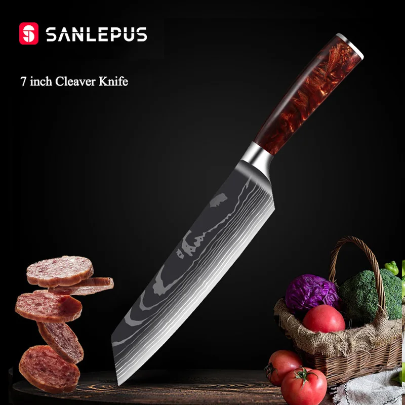 

SANLEPUS 7" inch Cleaver Knife Kitchen Knives Classic Pattern Japanese Stainless Steel Laser Pattern Chef Knife Santoku Knife