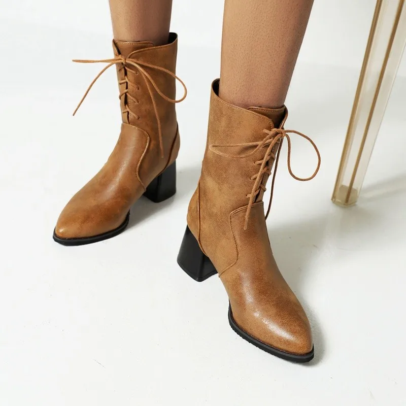 

Женские винтажные ботильоны на высоком каблуке, ботинки на шнуровке с круглым носком, модные ботинки больших размеров на блочном каблуке дл...