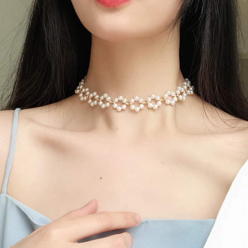 

JLN1239 Handmade Vintage Flower Pearl super-fairy temperament short neck chain personality clavicle chain