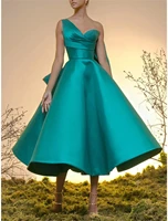 ball gown luxurious elegant homecoming cocktail party dress one shoulder sleeveless tea length satin with bows 2022