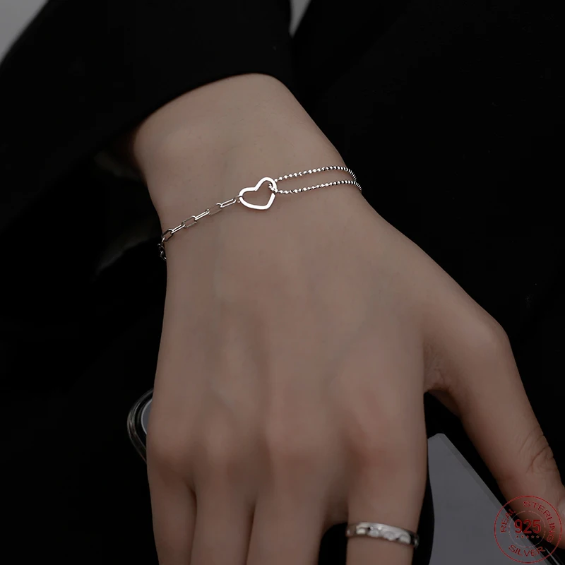 

Sweet Cool Silver Hollow Heart Fresh Bracelets 925 Double Deck Charm Chain Adjustable Bracelet For Women Girl Gift Wholesale
