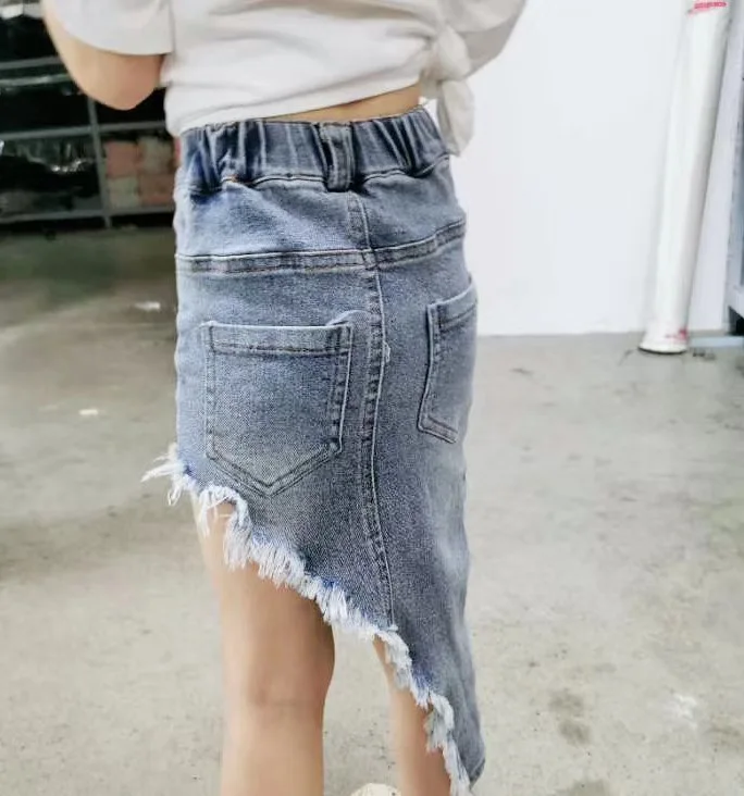 blue jeans skirt baby girls toddler kids clothes fashion irregular ripped mini skirts tassel distressed denim 3 to12 yrs | Детская