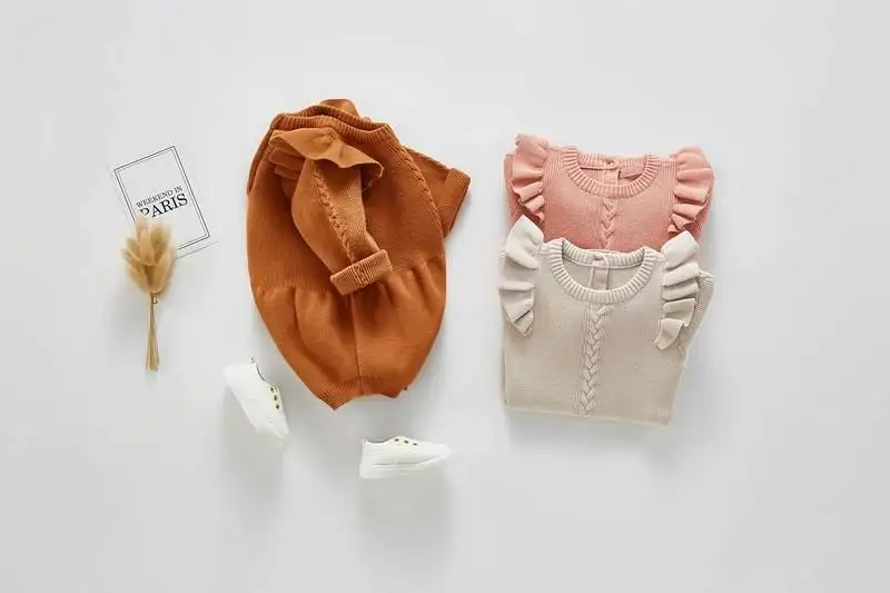 

Baby Girls Bodysuits Newborn Knitted Cotton Flare Sleeve Long Sleeve Romper Overalls Baby Girl Clothes 0-3Y E93036