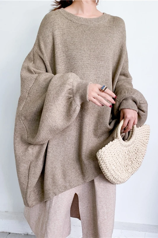 

2020 new large size long Cashmere Cotton O-Neck Knitted sweater women loose lazy wind pullover bat sleeves