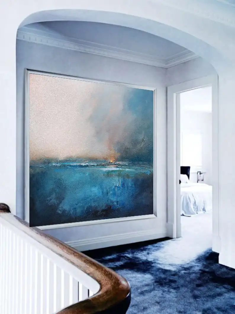 Goedkoop Olieverfschilderij Grote Originele Wall Art Abstract Schilderen Sky Landschap Olieverf Oceaan Canvas Zee Niveau Blue Hand Painted