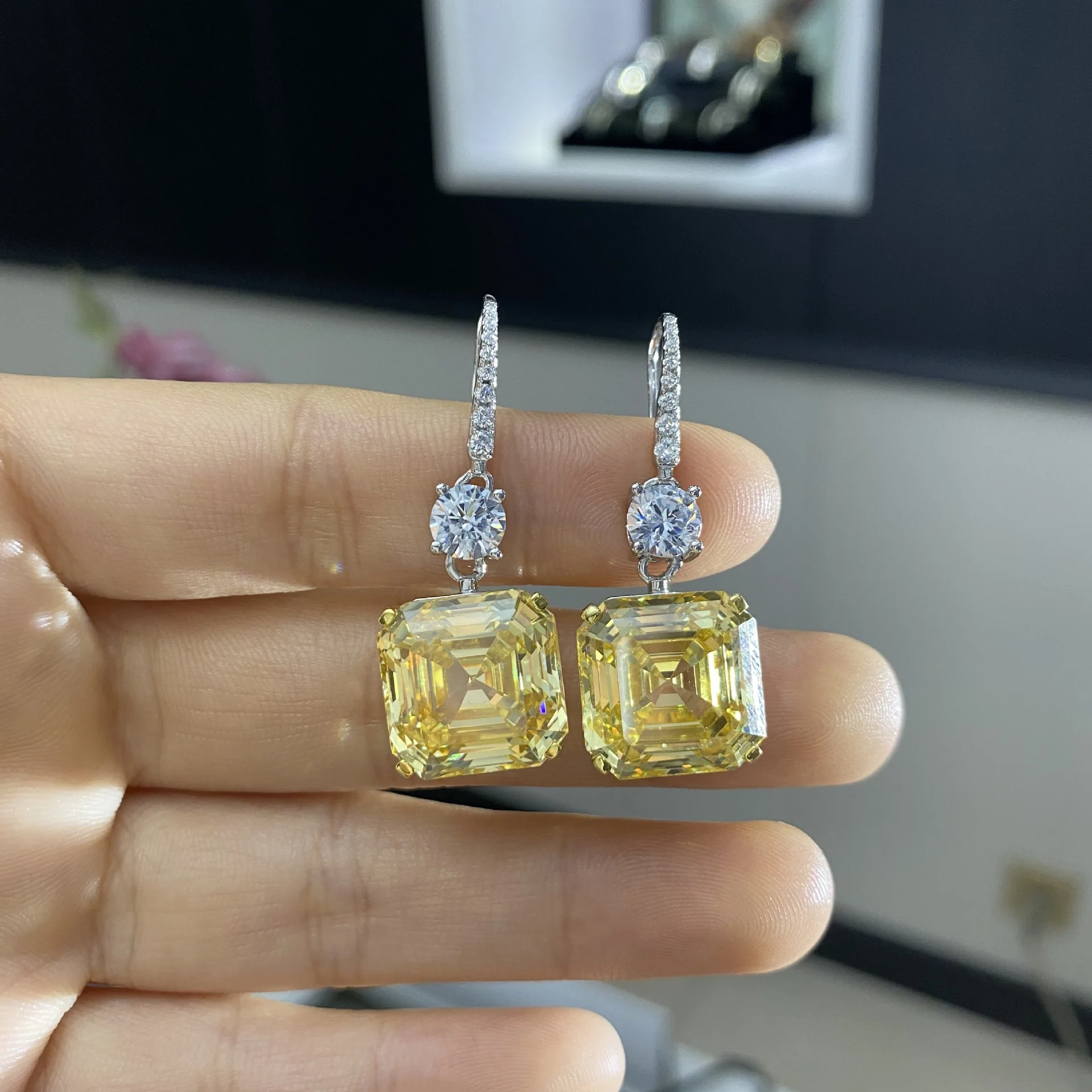 

Wong Rain 925 Sterling Silver Asscher Created Moissanite Citrine Gemstone Drop Dangle Earrings Engagement Wedding Fine Jewelry