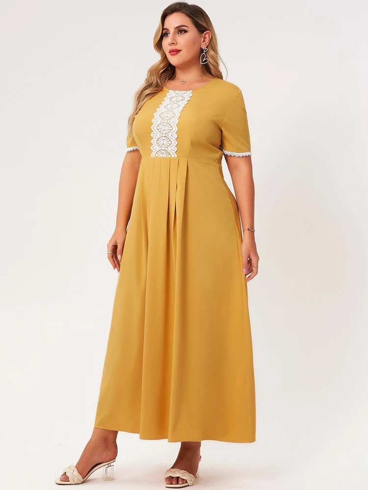 

Summer New Arrivals Ladies Plus Size Large Round Neck Lace Elegant Short-sleeved Pleated Stitching Yellow A-line Long Dress