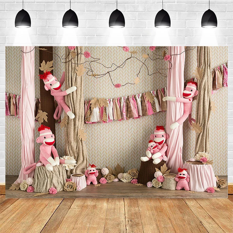 

Farm Cake Smash Photography Background Girl Birthday Photography Studio Photo Backdrop Pink Monkey Decoration