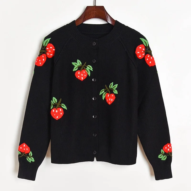 

Strawberry Fruit Embroidery Cute Cardigan 2020 Autumn Winter Round Collar Knitted Cardigan Sweater Women Black Cardigan