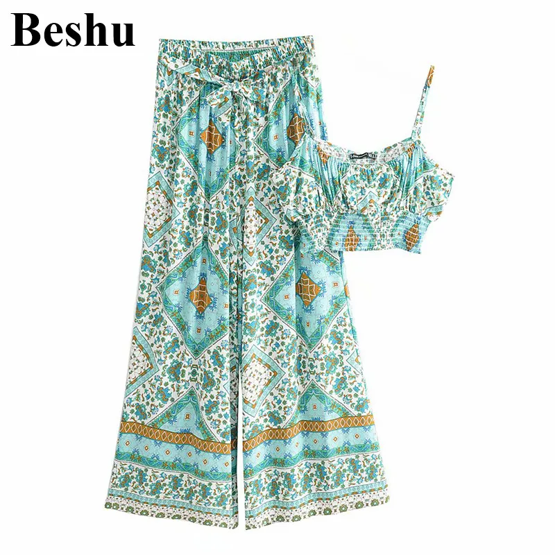 Za 2020 Женская мода Двухсекционный зеленый хлопок с геометрическим принтом слинг