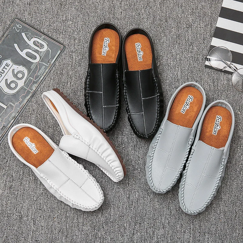 

Designer Half Shoes For Men Leather Casual Shoes Summer Soft Mens Loafers Moccasins Fashion Backless Driving Shoes Slip On Flats