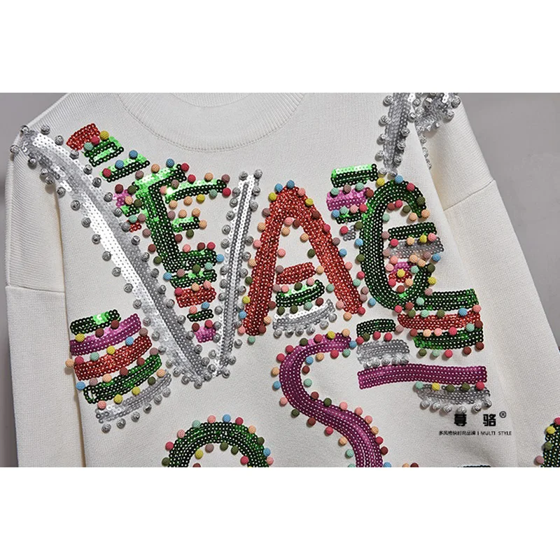 Модный белый вязаный спортивный костюм женский свитер с буквами ручной работы и