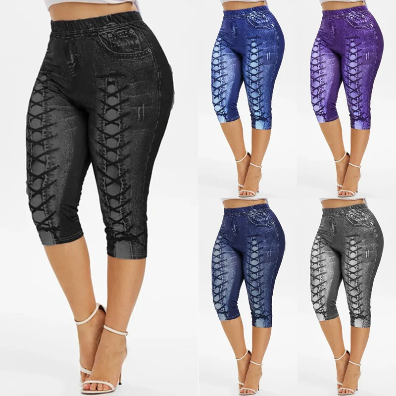 

High Waist Faux Jean Leggings Slim Elastic Plus Size Skinny Pencil Pants Female Pocket Workout Running Mujer Pantalones