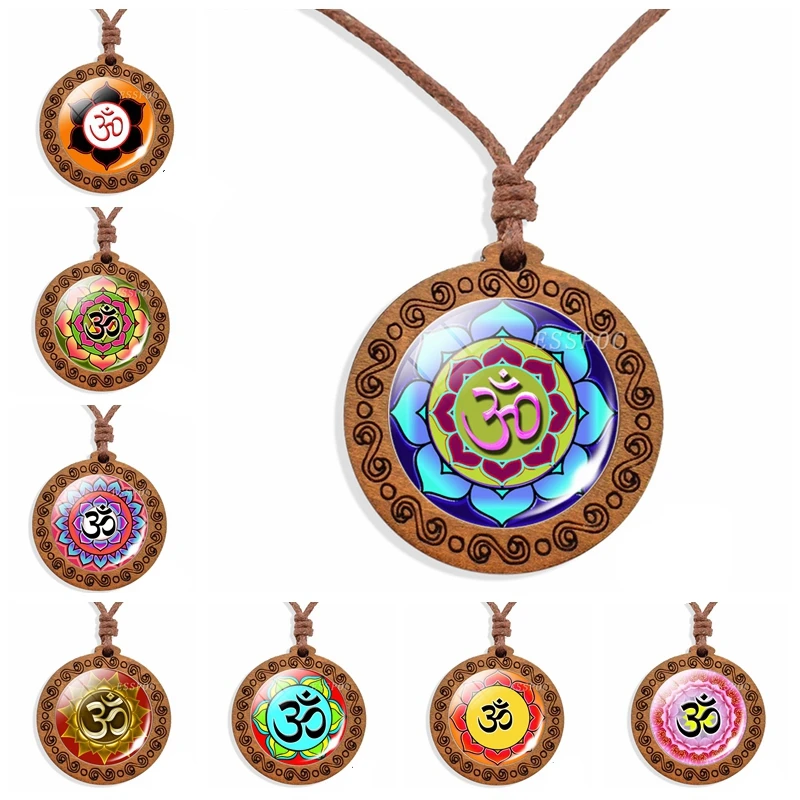 Ожерелье Ом винтажные Деревянные ювелирные изделия ОМ амулет стекло кабошон