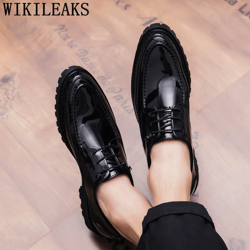 Мужские туфли оксфорды из лакированной кожи Дизайнерская обувь черные