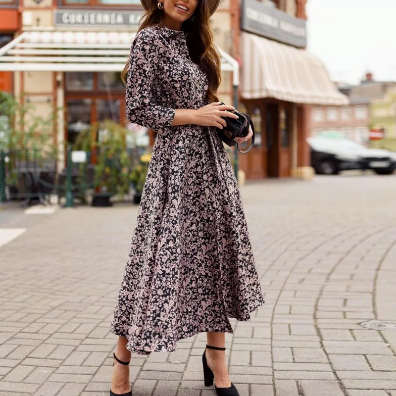 

2021 Spring Elegant Floral Print Button Dress Women Casual Turn-Down Collar Long Sleeve Party Dress Lady Sexy Split Shirt Dress