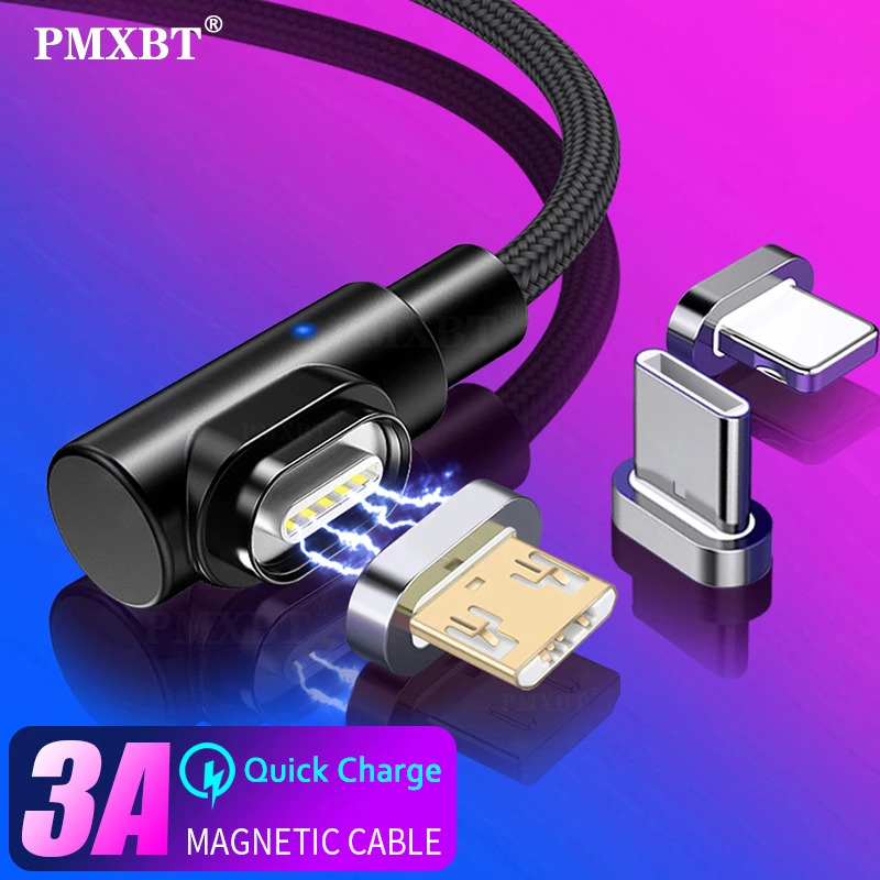 Магнитный USB кабель 90 градусов для iphone XS XR 3A быстрой зарядки Micro Type C Samsung Android