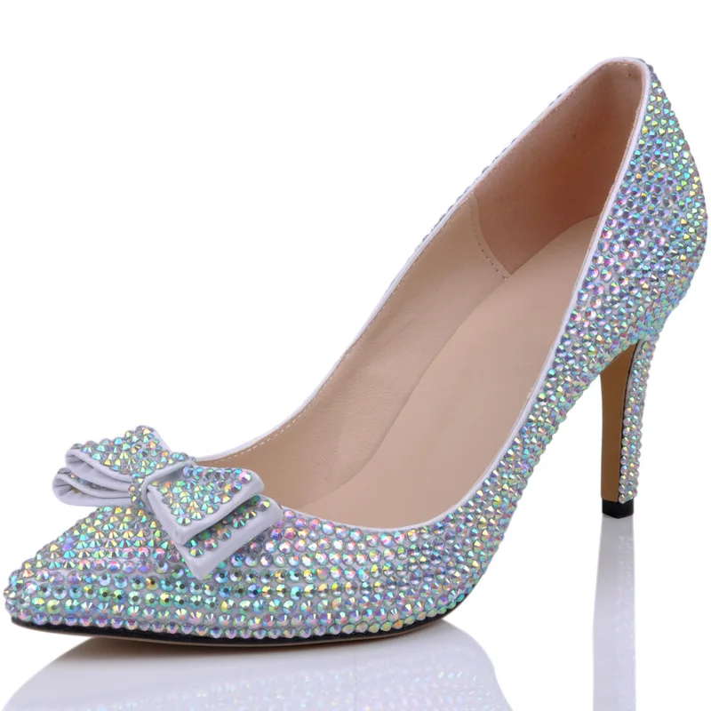 Sexy Pumps Wedding Women Fetish Shoes Pointed Toe Rhinestones Sequined Cloth 8CM Thin High heels Slip On Butterfly-knot Bling