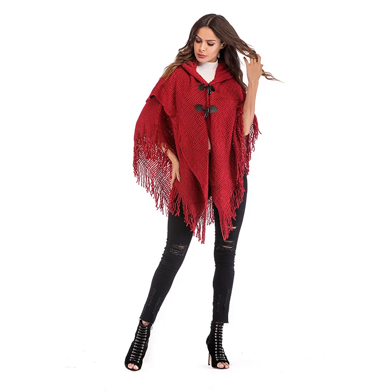 ZOGAA 2019 Red Knitted Cloak Sweater Women Casual Loose Tassels Shawl Autumn Winter Streetwear Poncho Hooded Pullovers | Женская одежда