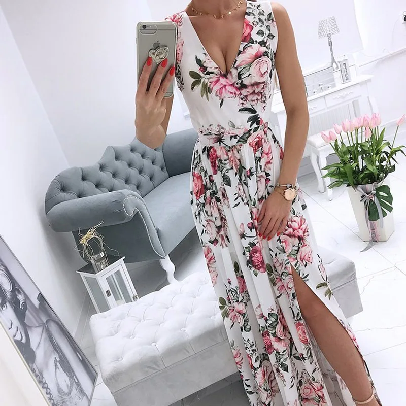 

Summer New V-Neck Sleeveless Beach Maxi Dress Elegant Women Split Sexy Party Chiffon Dress Vintage Floral Print Long Dresses
