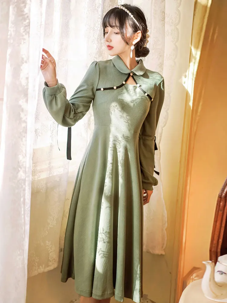 

Summer New Women's Retro Palace Style Japanese Girl Temperament Was Thin Lantern Sleeve Long Dress Was Thin Cheongsam Dress