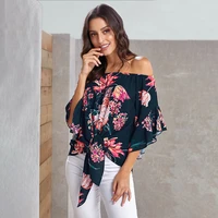 women chiffon blouse sexy off shoulder summer shirts floral print ladies blouse plus size 2xl hs3