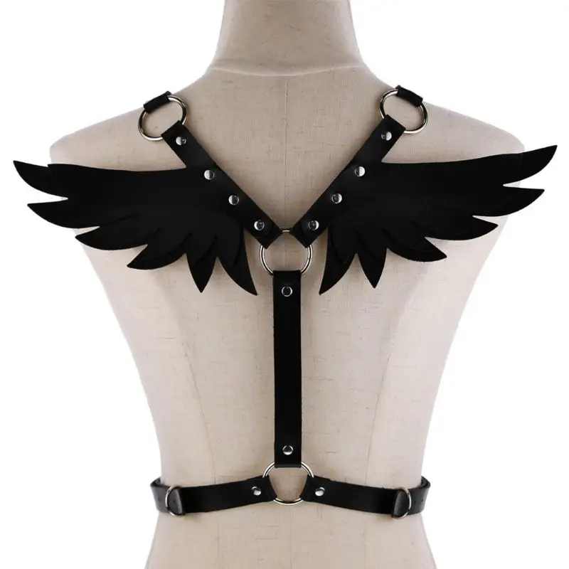 

Womens Faux Leather Punk Adjustable Body Chest Harness Halloween Party Costume Fancy Angel Wings Waist Belt Braces Suspenders