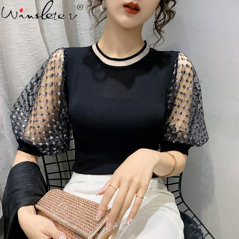 

Summer Korean Clothes Thin Knit T-shirt Sexy Transparent Women Tops Casual Puff Short Sleeve Shiny Elastic Tees 2021 T13003A