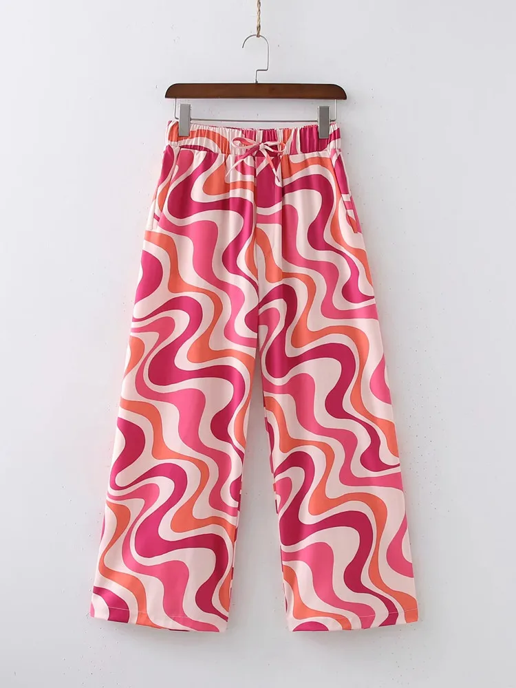 

Women's Pants 2021 Summer High Waisted Print Trousers Woman Elastic Waist Pocket Loose Wide Leg Pants Chic Office Suit Trousers