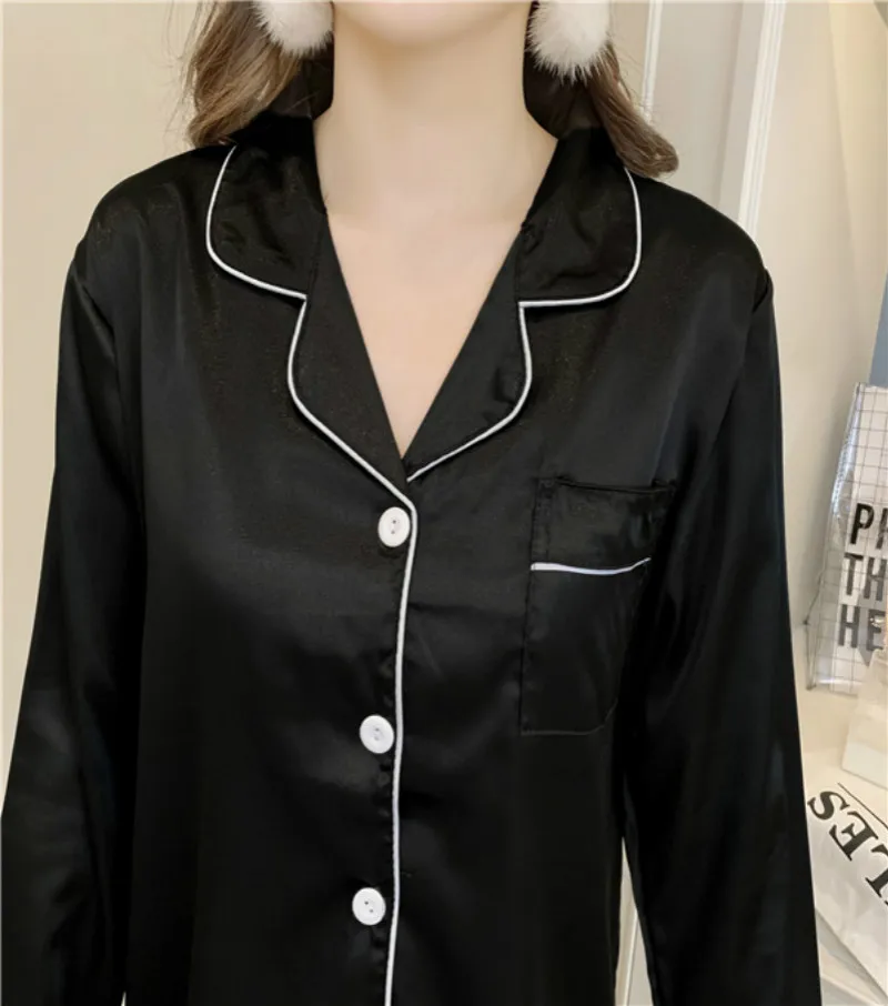 

Yidanna Women Pajamas Set Ice Silk Long Sleeved Sleepwear Solid Color Loose Spring and Autumn Sleep Clothing