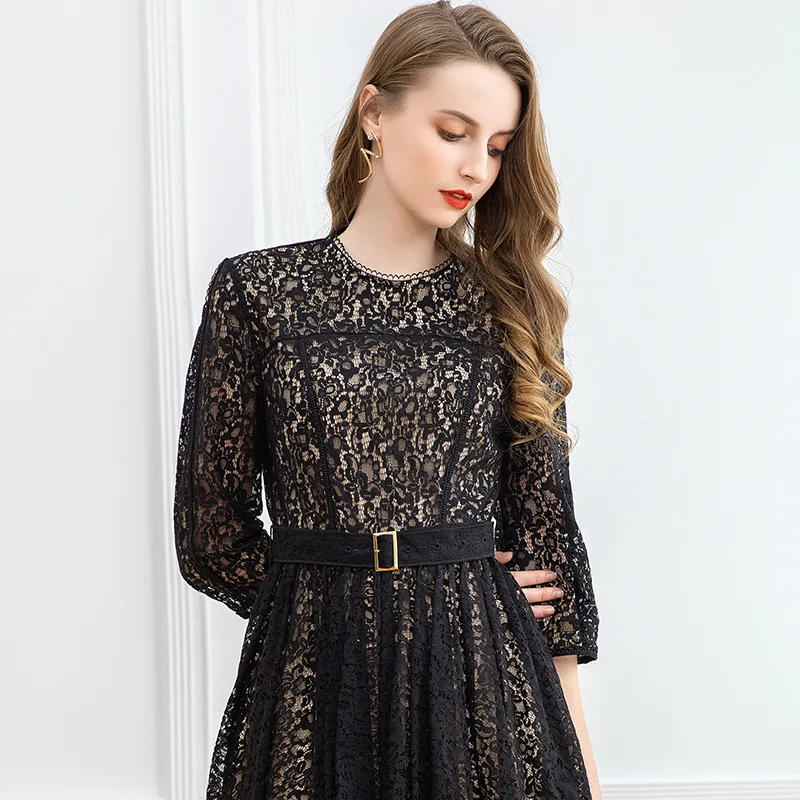 

Black Lace Dress 2020 Spring Style Women O-Neck Allover Lace Crochet Dress Ladies Slim Fitted A-Line Party Club Sexy Dress Mini