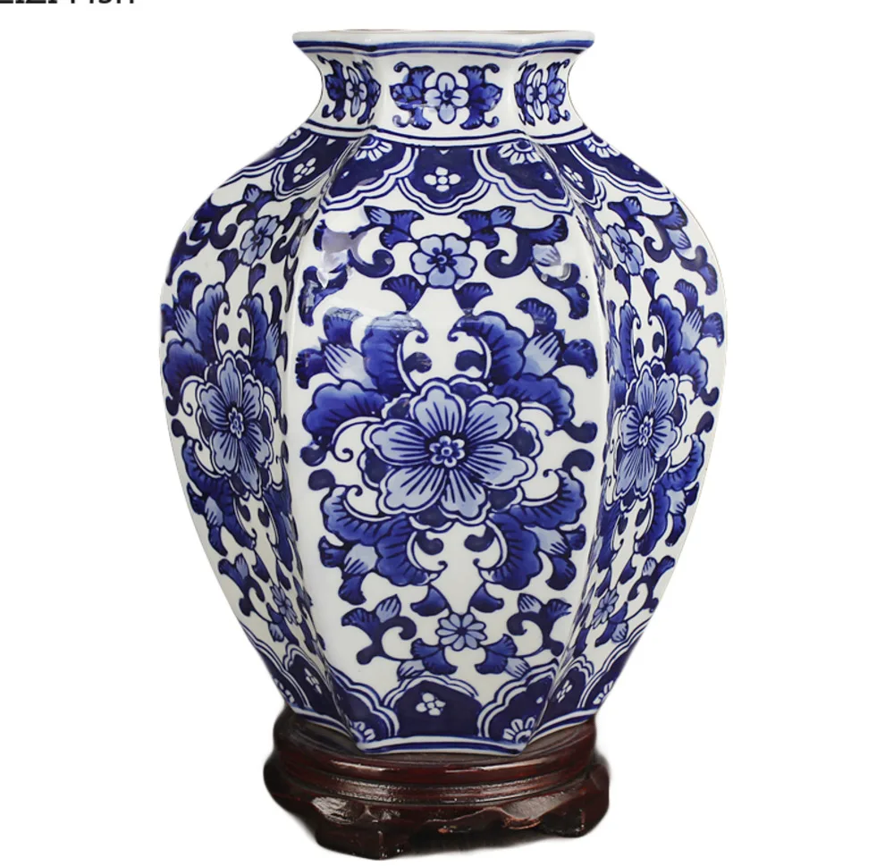 

Classical Ceramic Vase Antique Blue and White Porcelain Hibiscus Flower Hexagonal Vase Floral Arrangement Crafts Storage Jar