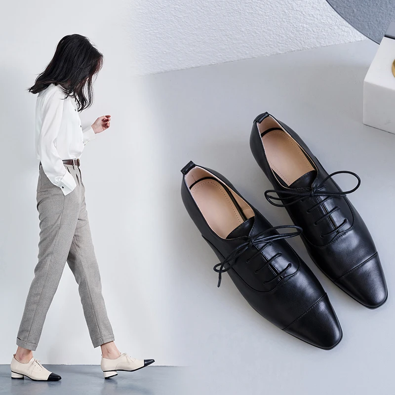 women pumps Natural leather 22-24.5cm Colorblock English Leather Shoes Inside and outside full womens shoes pointed toe | Обувь
