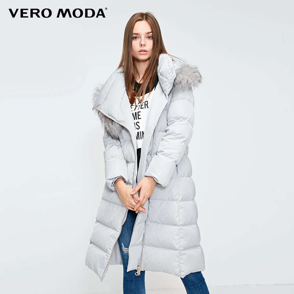 Silver hurricane Vero Moda женский 90% белый утиный пух Талия молния с капюшоном мех енота длинный пуховик парка пальто | 318412532 - Цвет: Silver hurricane
