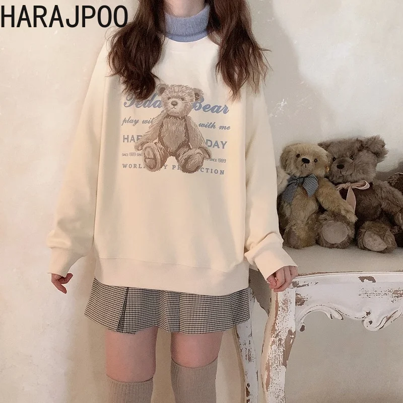 Женские свитшоты Harajpoo осень 2021 кавайный медведь винтажные свободные женские