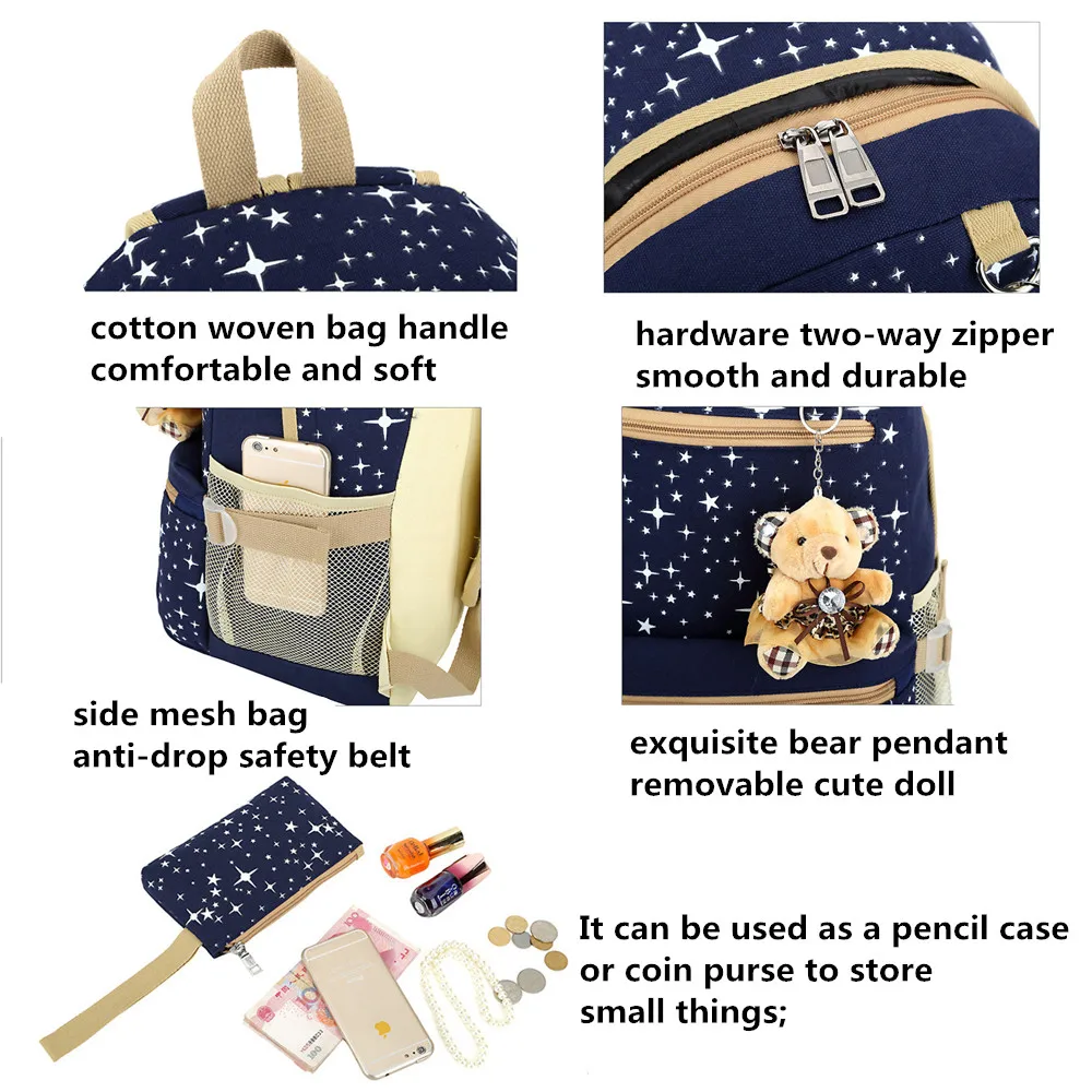 3pcs/set Women Backpack School Bags Star Printing Cute Backpacks With Bear For Teenagers Girls Travel Bag Rucksacks Mochila