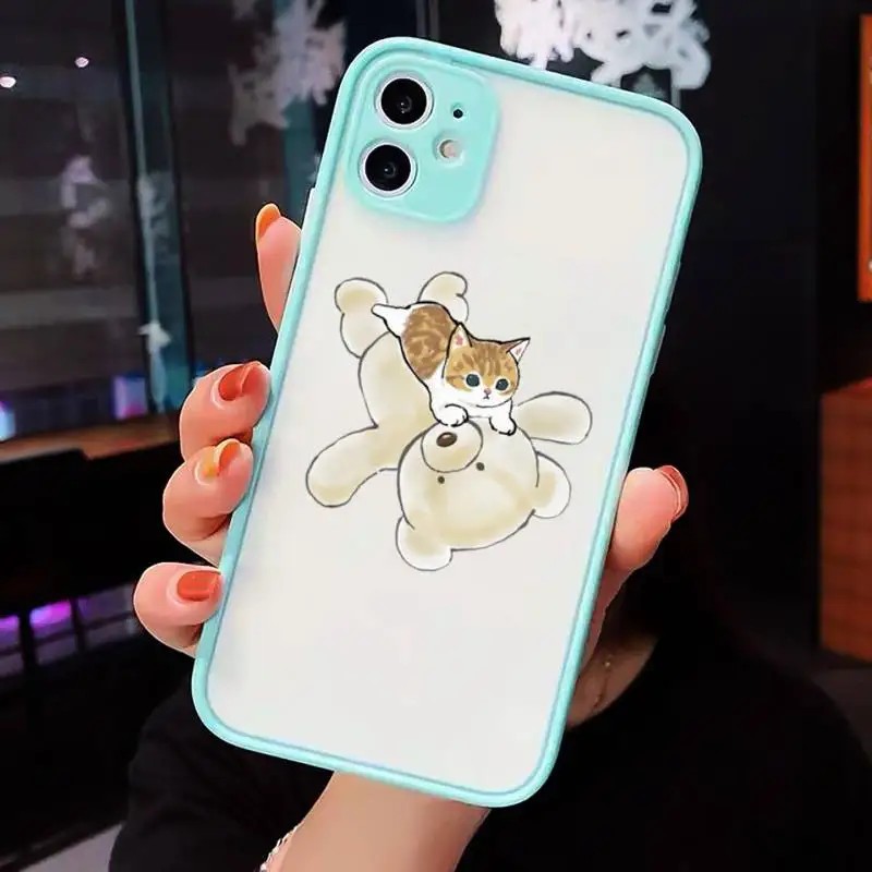 

Cute cat illustration mushroom bear Phone Case Matte transparent For blue iPhone 12 Mini 11 Pro XR XS Max 7 8 Plus X Back Cover