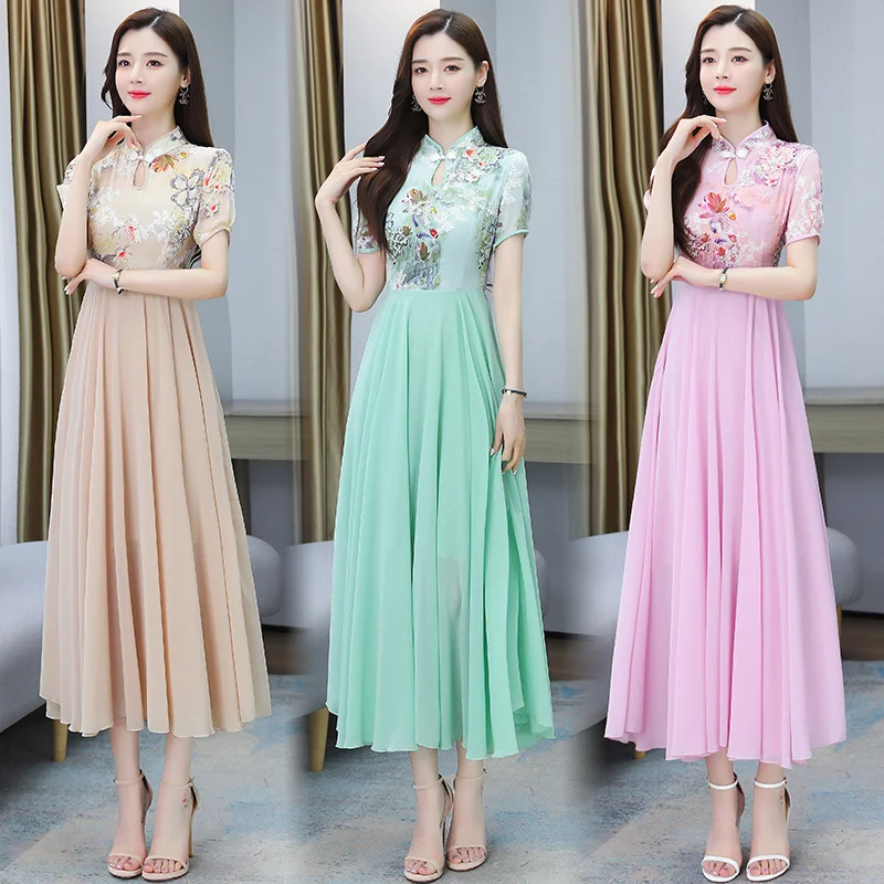 

2021 Summer Fashion New Beach Maxi Dress for Women Casual O-Neck Short Sleeve Female Elegant Print Chiffon Party Dress Vestidos