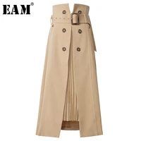 eam high waist brown bandage asymmetrical pleated temperament half body skirt women fashion tide new spring autumn 2021 1s464