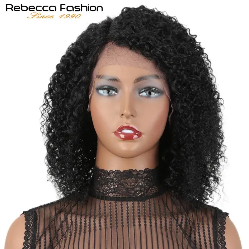 Rebecca Lace Frotal wigs Afro Curly Hair Wig for women Short Bob Curly Pre Plucked Bleached Knots Peruvian human Remy hair Black