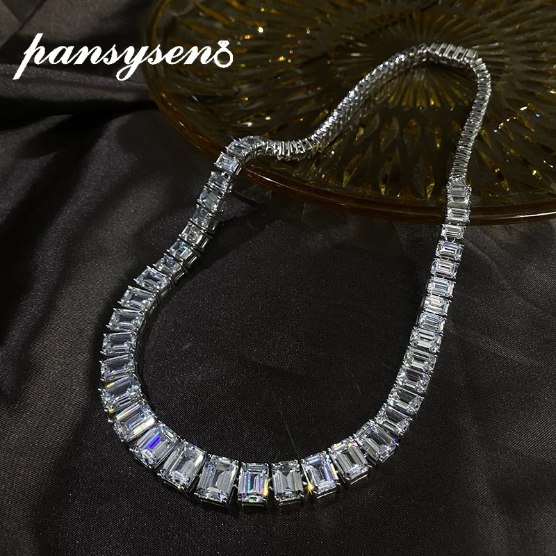 

PANSYSEN 100% 925 Sterling Silver Emerald Cut Simulated Moissanite 5A Zircon Chokers Necklaces Wedding Party Fine Jewelry Gift