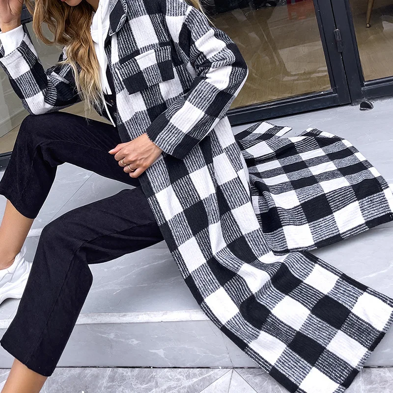 Outwear Cardigan Mujer Wool Blends Black and White Plaid Trench Coat Checked Overcoat Long Sleeve Jackets for Women 2021 Fashion
