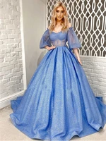 modern blue sequins formal evening dress for women girls 2022 half sleeves illusion bodice v neck long prom gown glitter