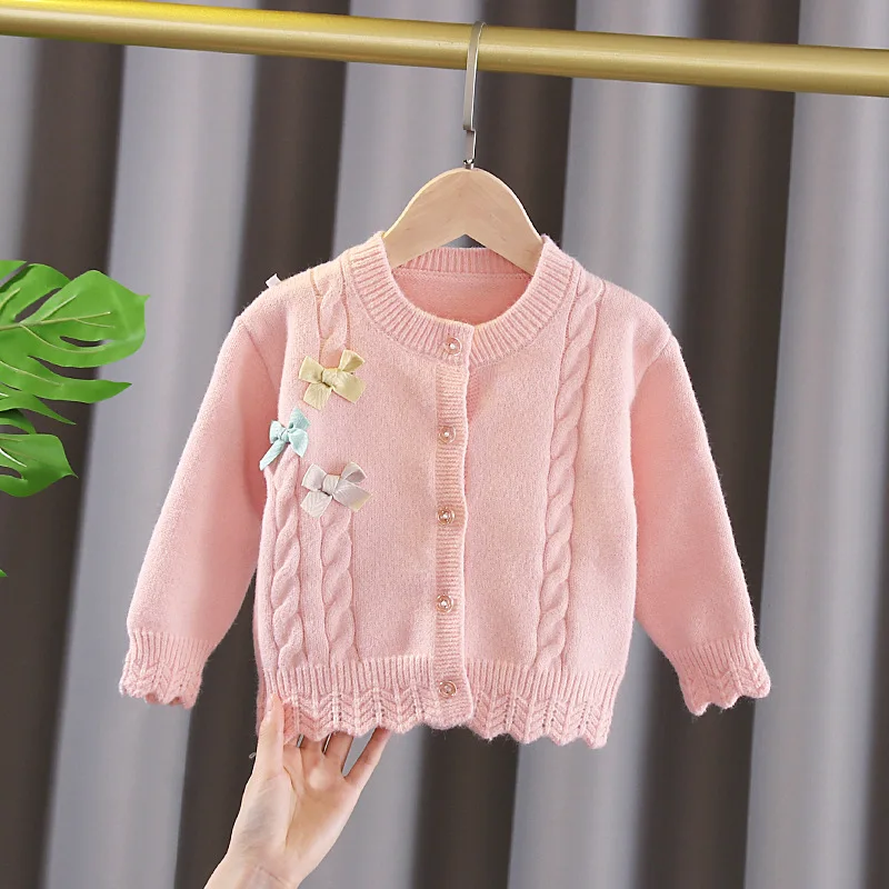 

Осень 2021, свитер для маленьких девочек, модный свитер с бантом для детей, вязаный кардиганы, куртка, пальто, одежда для маленьких девочек на д...